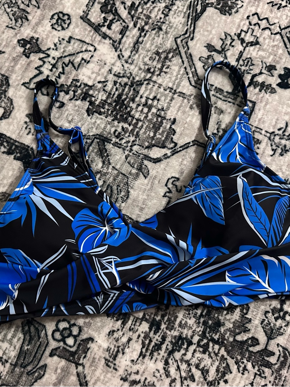Blue Floral V-Neck Swim Top - Women Swim